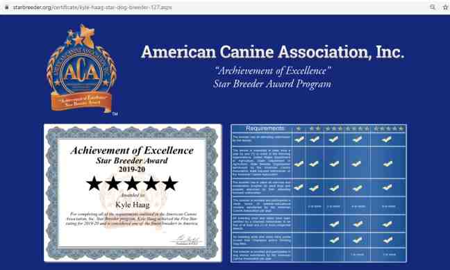 Kyle Haag Star dog breeder certificate 